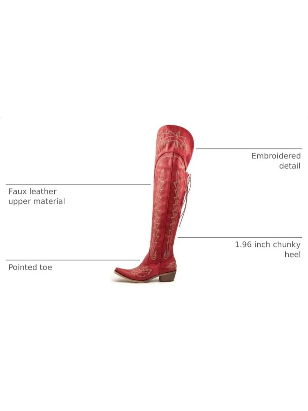 Women's Red Pointed Toe Wide Calf Western Embroidered Over The Knee Boots